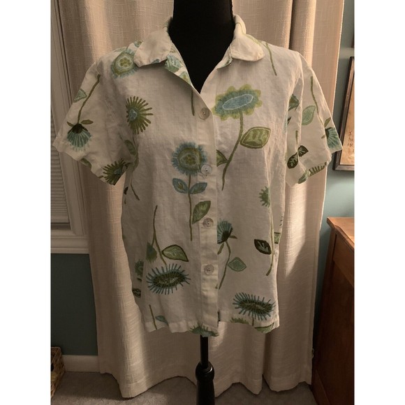 Chemise boutonnée en lin à manches courtes et col en V pour femme
